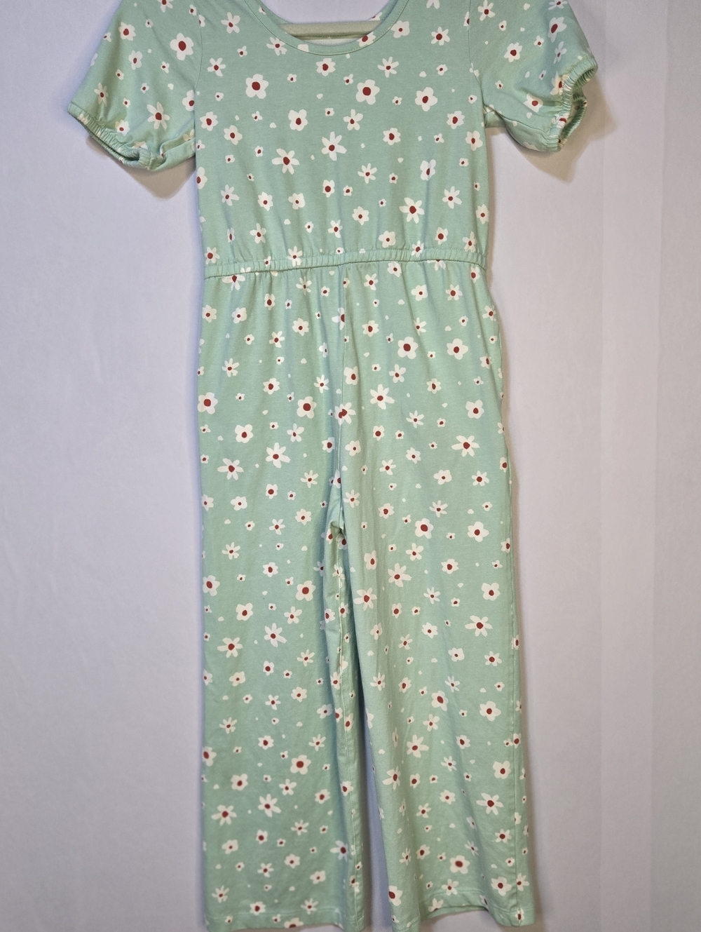 Hanna Andersson Girls Size US 10 Mint Green Floral Short-Sleeve Jumpsuit